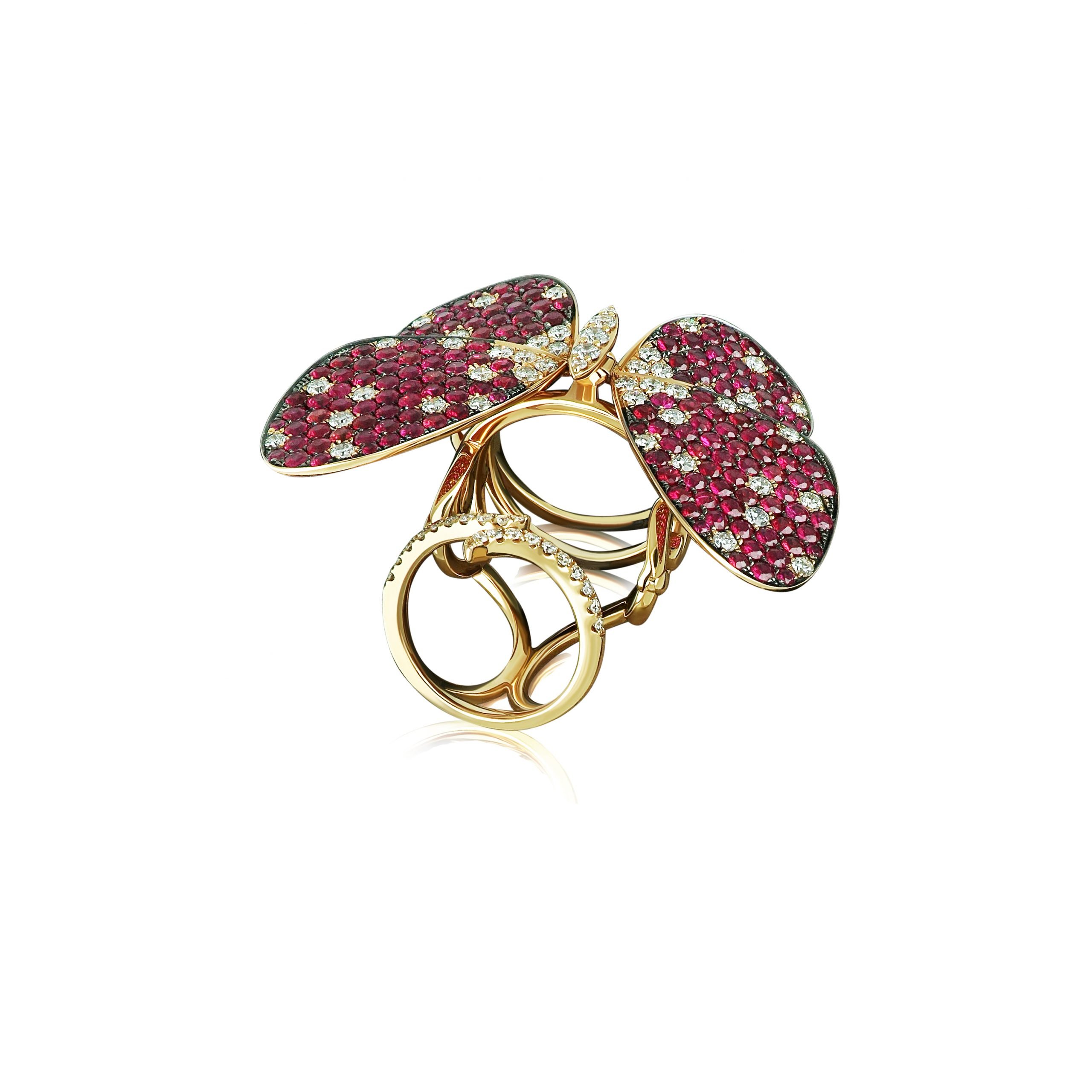 Amwaj Jewellery 18K Rose Gold Butterfly Ring with Ruby and Diamonds